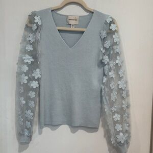 INDUSTRY Small Blue V-Neck Sweater with Floral Sleeves